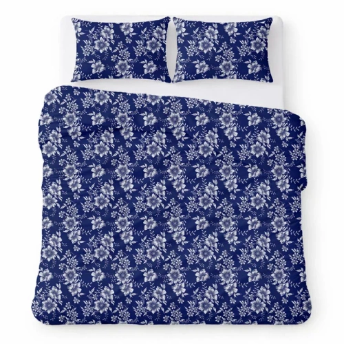 Completo biancheria letto cotone crepe traspirante facile cura navy blue with white flowers