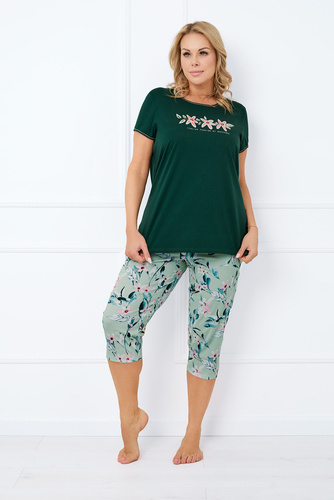 Florisa Pigiama da donna a maniche corte, pantaloni a 3/4 Moda italiana - verde scuro/stampa