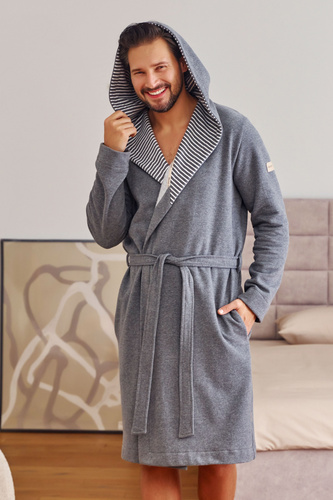 7230 Accappatoio da uomo Doctor Nap - cotone, cappuccio, finiture eleganti - grigio scuro