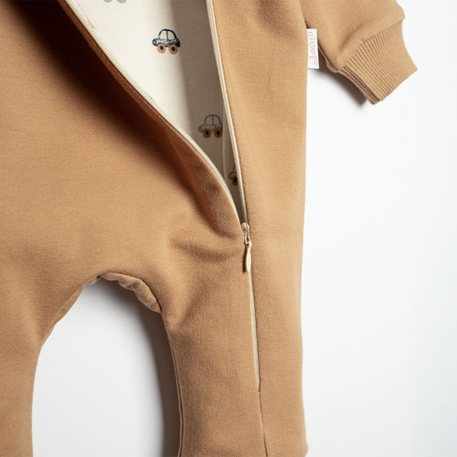Pigiama intero in felpa 222271 Olo Nicol color caramello con cappuccio, fodera e scarpine