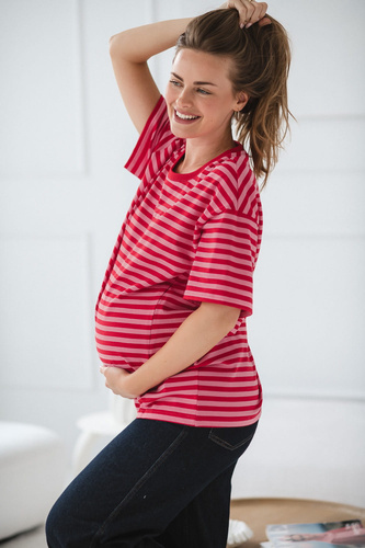 Mamahood Maglietta per la gravidanza e l'allattamento Milk&Love a righe rosse e rosa, comoda ed elegante