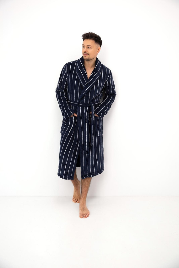 Sensis Leon Blu Navy Accappatoio Lungo Uomo a Righe con Colletto