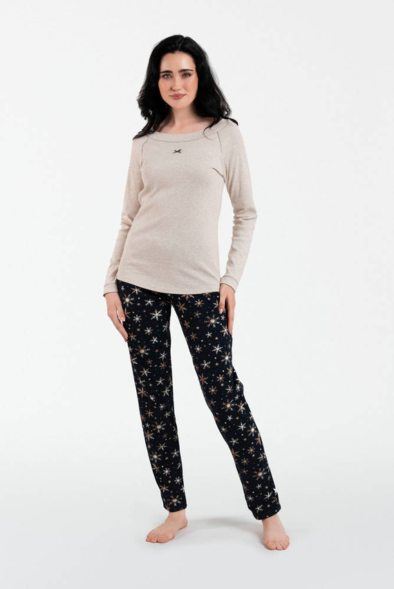 Denali Pigiama donna manica lunga, pantalone lungo Moda Italiana- beige melange/stampa