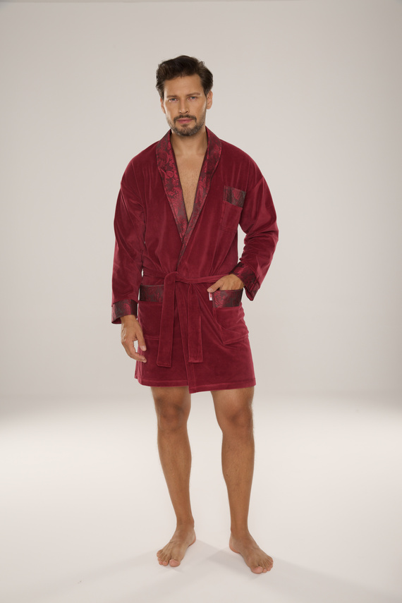 866 Noble Accappatoio in velluto De Lafense da uomo - corto, elegante, in cotone - bordeaux