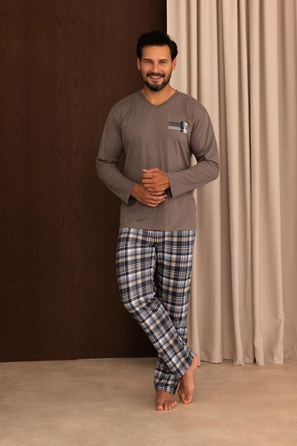 Regina 6011 Pigiama Uomo 100% Cotone Manica Lunga Pantaloni a Quadri Marrone