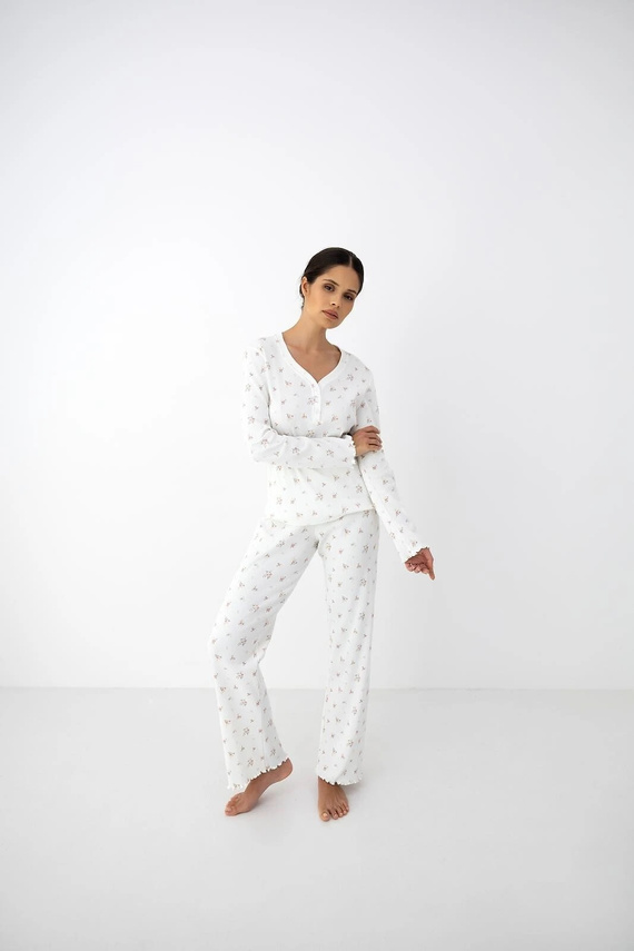 Pigiama donna Sensis Vida ecru in cotone con fiori, manica lunga e pantaloni