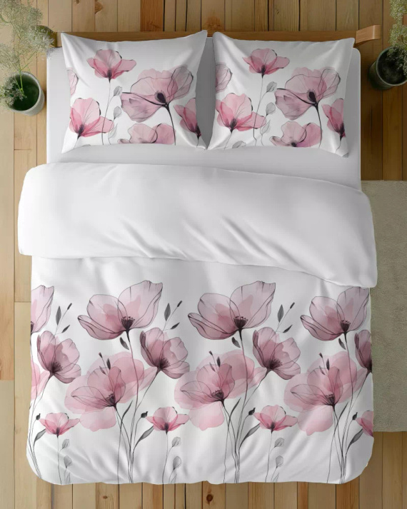 5496 B Biancheria da letto in cotone bianco con fiori rosa acquerellati Naturalis- Detexpol