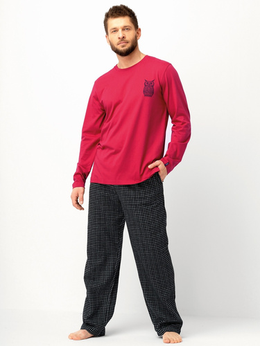 Pigiama uomo MNS 471 Key maroon - manica lunga, pantaloni in flanella di cotone