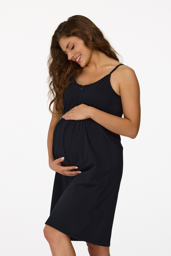 no. 27 Camicia da notte per la gravidanza Senizo nera - 100% cotone, cerniera per l'allattamento, spalline