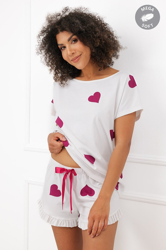 Italian Fashion Soul Pigiama donna corta Mega Soft ecru con cuori bordeaux