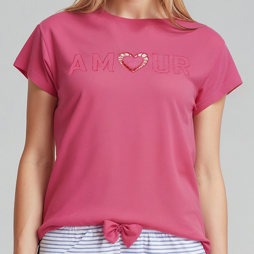 Juliana Sorbetto rosa - pigiama donna 100% cotone, con ricamo e pantaloni lunghi a righe