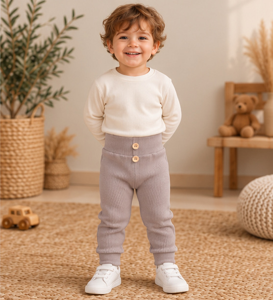 Leggings da bambino LC016 latte marrone in cotone a coste con bottoni