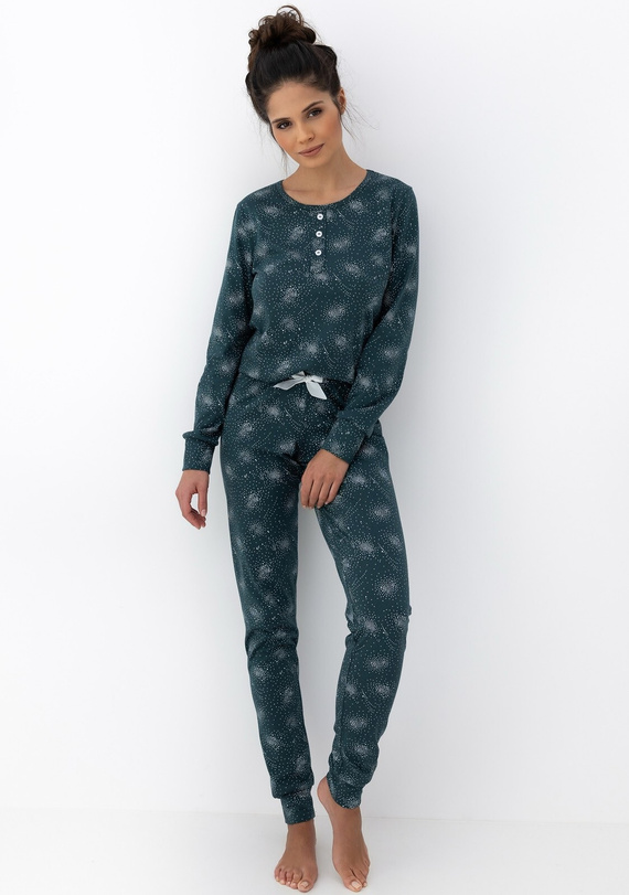 Pigiama Ellison Sensis donna verde - pigiama a maniche lunghe in cotone con polsini a costine