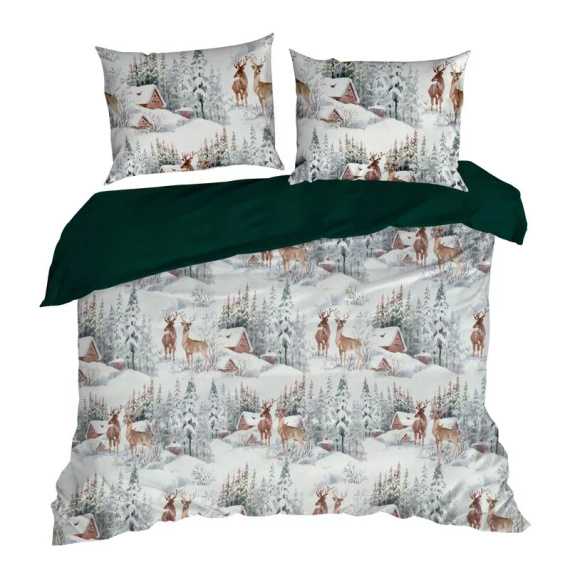 Biancheria da letto natalizia Fairyland in microfibra Eurofirany verde paesaggio invernale - morbida, leggera e facile da curare, con chiusura a zip