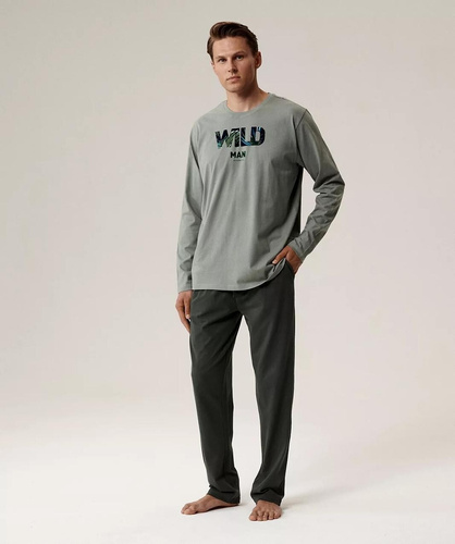 Pigiama da uomo NMP-392 Atlantic - cotone verde/kaki, manica lunga, set elegante per le notti fredde