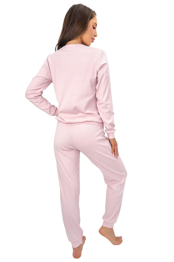 Pigiama Donna Home Long da donna in cotone a costine, manica lunga e pantaloni, rosa cipria