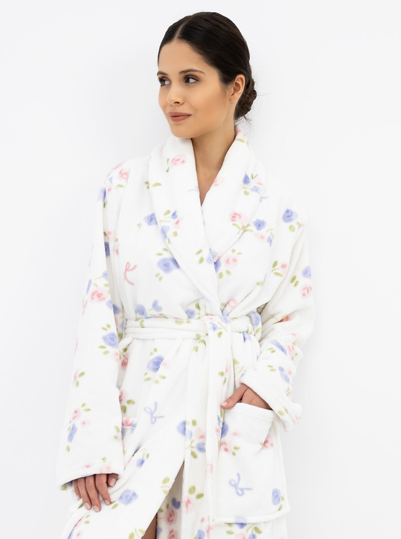 Sensis Rosa Ecru Accappatoio Lungo Donna in Velluto con Fiori Colorati