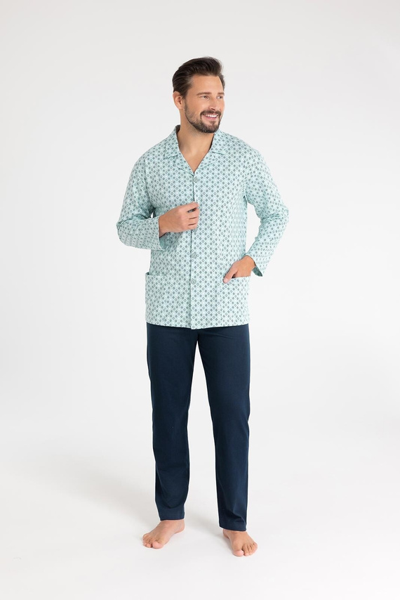 Pigiama uomo in cotone Regina 486 verde - manica lunga, abbottonato, taglio classico