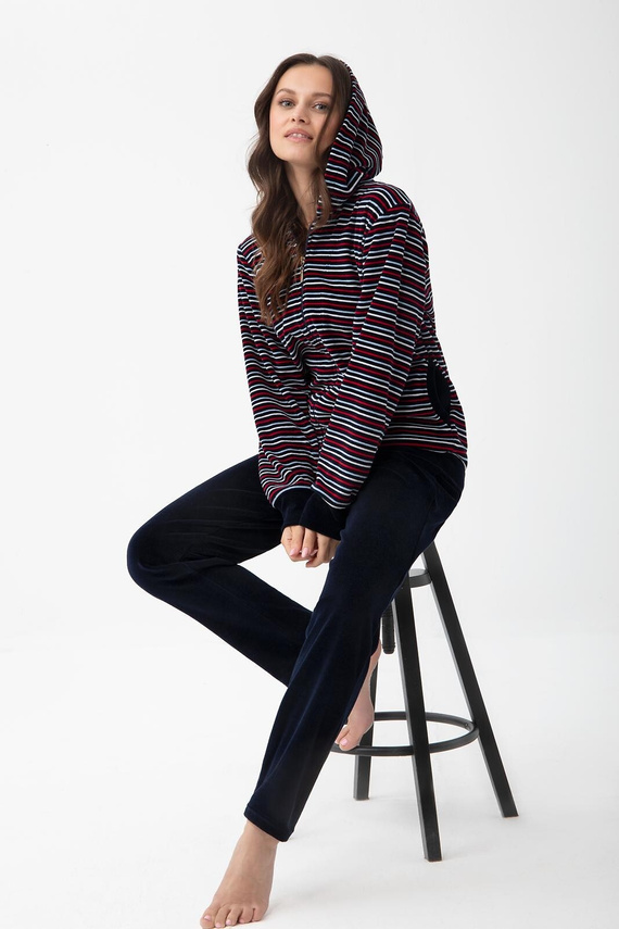 Tuta in velluto da donna Luna 1307 in cotone con cappuccio e zip - blu navy
