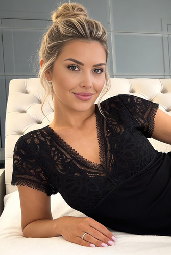Koszula nocna Elena Donna z wiskozy z koronką, elegancka, miękka, dekolt w serek, czarna