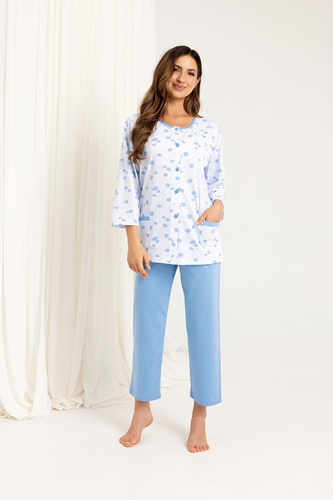 723 Pigiama donna Regina blu - cotone, manica 7/8, bottoni, comfort e stile