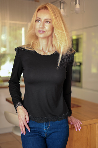 Mirale Ivy Blusa Donna in Viscosa con Pizzo Elegante Manica Lunga - nera
