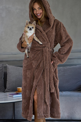 L&L Fibi 2635 Accappatoio donna lungo con cappuccio morbido impronte di zampe di cane - cioccolato