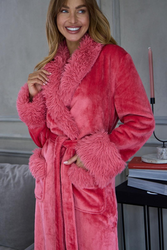 L&L Hana 2647 lungo accappatoio donna in peluche con pelliccia al polpaccio candy