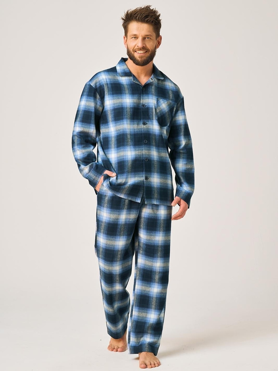 Pigiama uomo Key MNS 432 jeans in flanella 100% cotone, lunga con bottoni