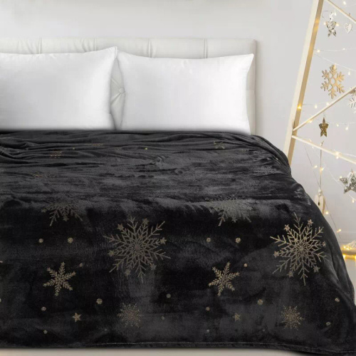Eurofirany Coperta natalizia nera oro fiocchi di neve - morbido copriletto in microfibra, 240 g/m²