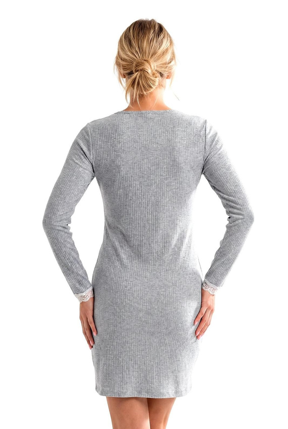Donna Megi II Camicia da Notte Grigia Manica Lunga a Costine con Pizzo