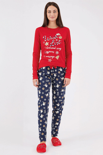 Natalie Sorbetto rosso - pigiama lungo da donna in cotone con fiocchi di neve