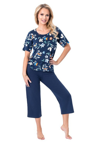 Caroline 3/4 Donna - pigiama da donna in cotone con stampa floreale, manica corta e pantalone 3/4