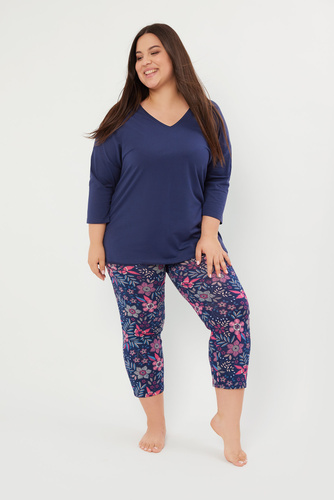 Pigiama Folk da donna maniche 3/4, pantaloni 7/8 Moda italiana - blu navy/stampa