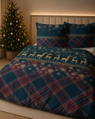 Pościel Detexpol 6058 A Renne invernali blu navy e rosso 100% cotone