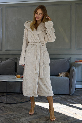 L&L Fibi 2635 Accappatoio donna lungo con cappuccio morbido motivo zampe di cane - angora