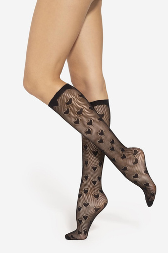 Calzettoni Yasmine wz.01 Gatta - cuori neri traforati, senza pressatura