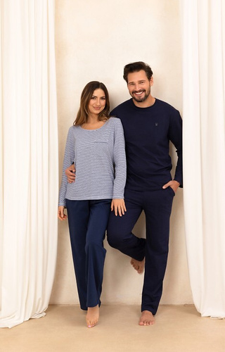 715 Pigiama da donna Regina blu navy - cotone, camicia a righe con taschino