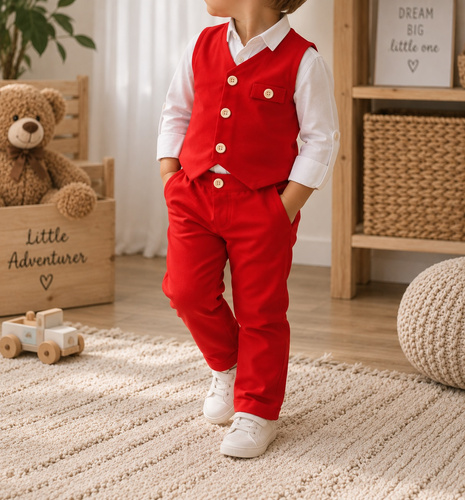 Mamatti KC014 completo bambino rosso in cotone con gilet e pantaloni con bottoni