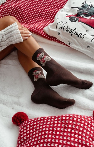 1283-031 Calze da donna Milena marrone - Orsetto di Natale, cotone