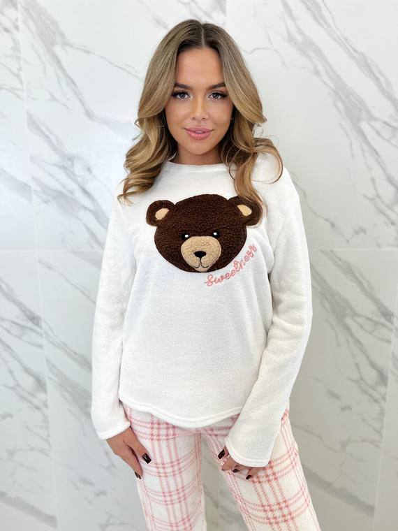 Pigiama donna Madlen Sorbetto ecrù - in pile, con ricamo orsetto e pantaloni a quadri