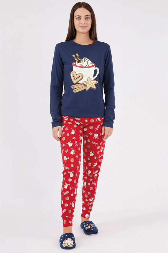 Natalie Sorbetto blu navy - Pigiama lungo da donna in cotone con fiocchi di neve