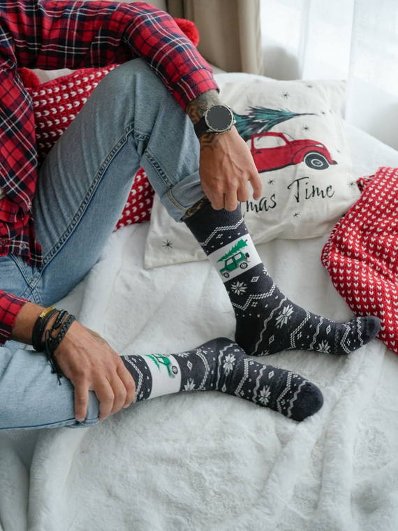 1290-030 Calze natalizie da uomo Milena melange 03 - Auto con albero di Natale, cotone