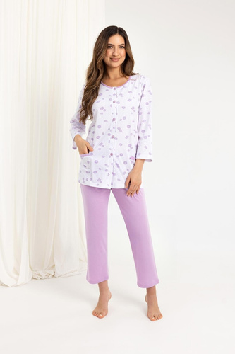 723 Pigiama donna Regina viola - cotone, manica 7/8, bottoni, comfort e stile