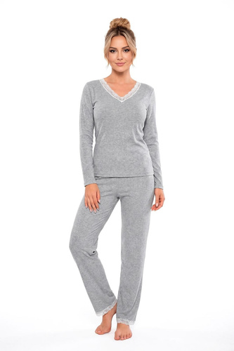 Donna Megi Long Pigiama Donna Grigia Manica Lunga e Pantaloni Pizzo