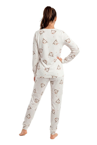 Pigiama donna Donna Sova Long ecru 100% cotone con gufi pantaloni lunghi