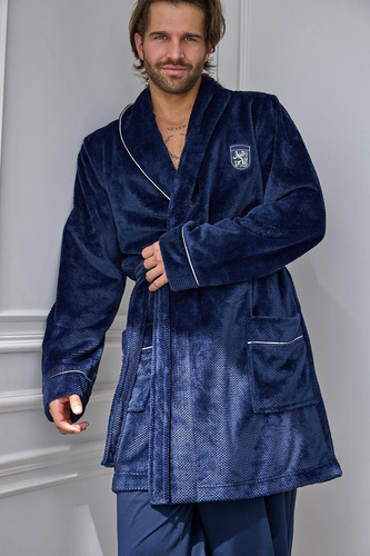 L&L Elegant 2664 Accappatoio Uomo Corto in Tessuto Waffle Morbido con Colletto blu scuro
