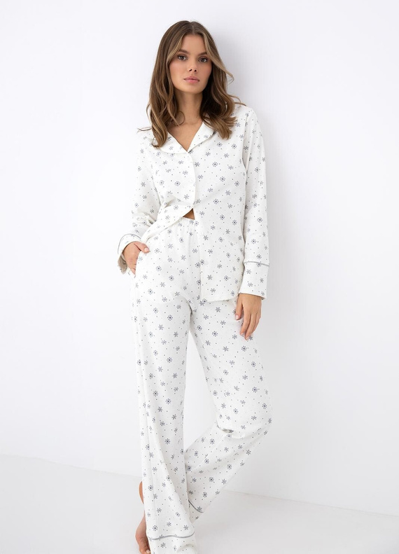 Pigiama donna Sensis Monroe con apertura, 100% cotone interlock, motivo fiocchi di neve