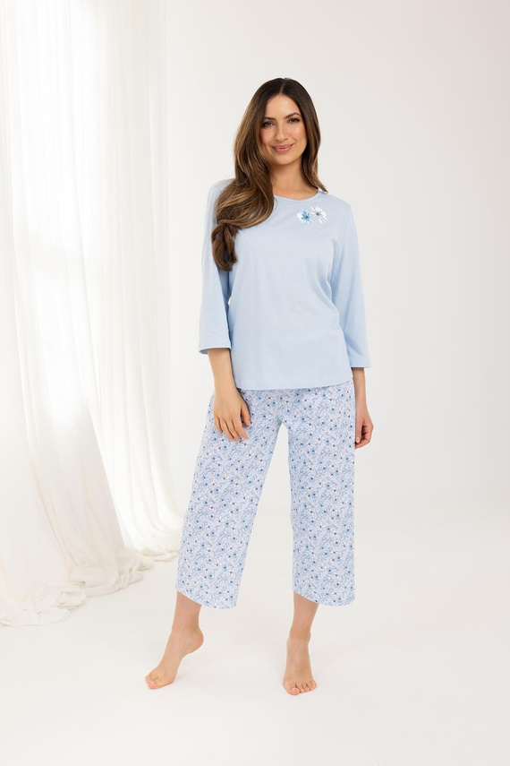 711 Pigiama da donna blu Regina - cotone, manica 3/4, calze a rete, comfort quotidiano