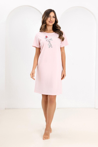 Camicia da notte da donna Regina 172 rosa- 100% cotone, manica corta, mezza scollatura rotonda, stampa, lunghezza al ginocchio